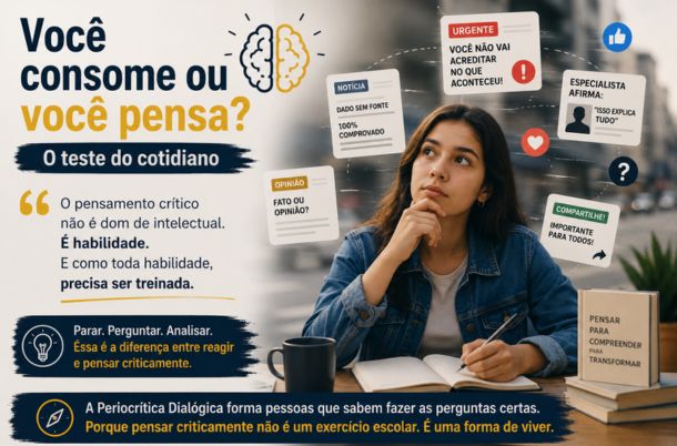 Ilustra&ccedil;&atilde;o sobre pensamento cr&iacute;tico mostrando jovem refletindo diante de not&iacute;cias, opini&otilde;es e informa&ccedil;&otilde;es das redes sociais, com destaque para a Periocr&iacute;tica Dial&oacute;gica.
